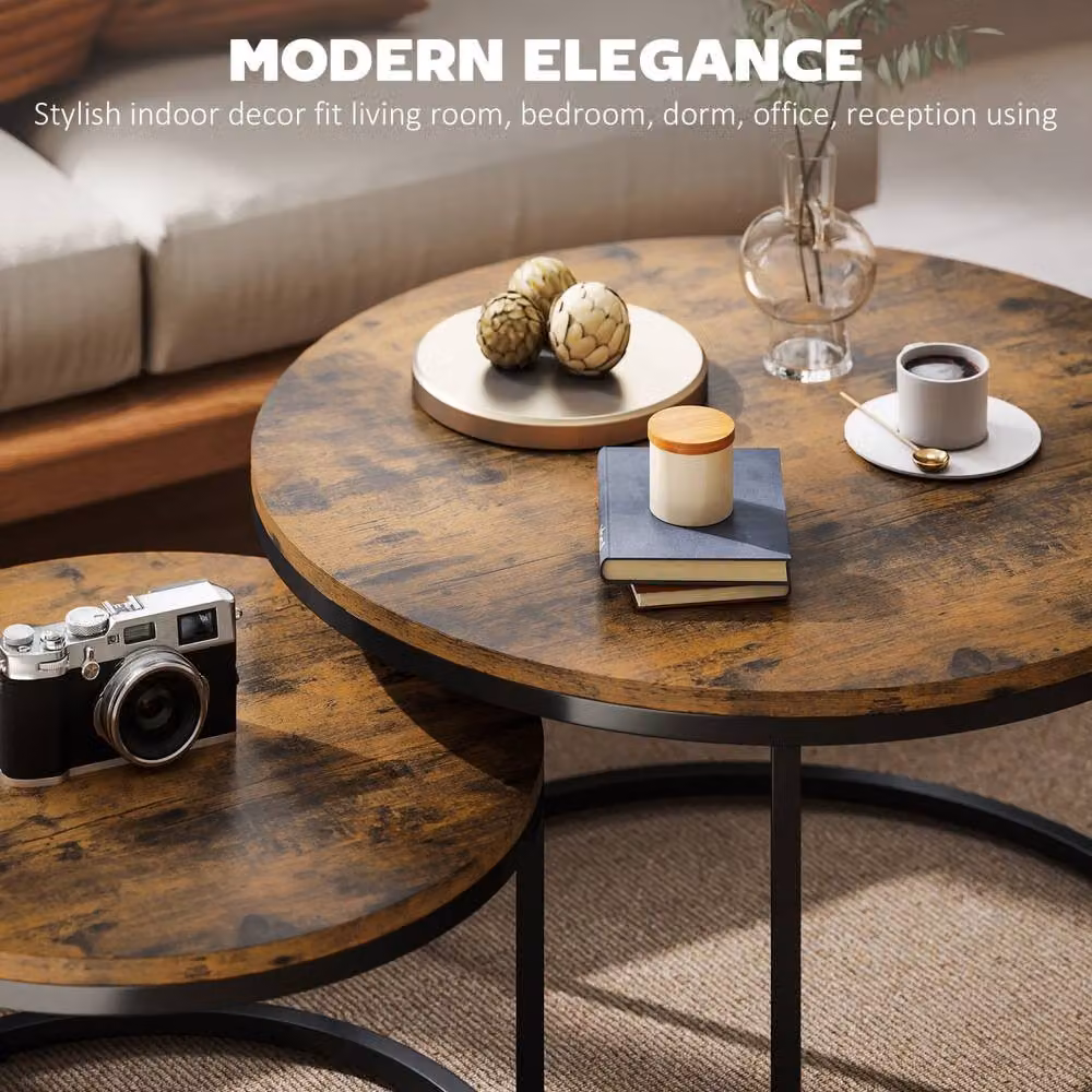 Wyld Haus Kefa Dimi Set of 2 Round Nesting Tables in Rustic Brown Wood Effect – 4