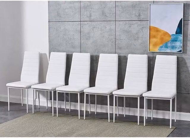FORGEVIO Set of 6 White Modern Dining Chairs with High Back and Padded Faux Leather Seats