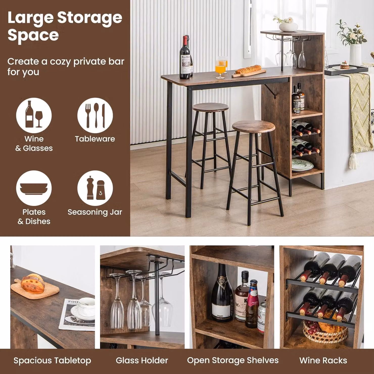 Costway 3-Piece Industrial Bar Table and Chair Set with Glass Holders and Wine Racks in Brown – 5