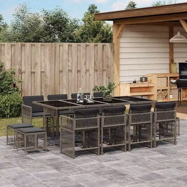 Berkfield Home 13 Piece Grey Poly Rattan Garden Dining Set with Cushions and Glass Tabletop – 1