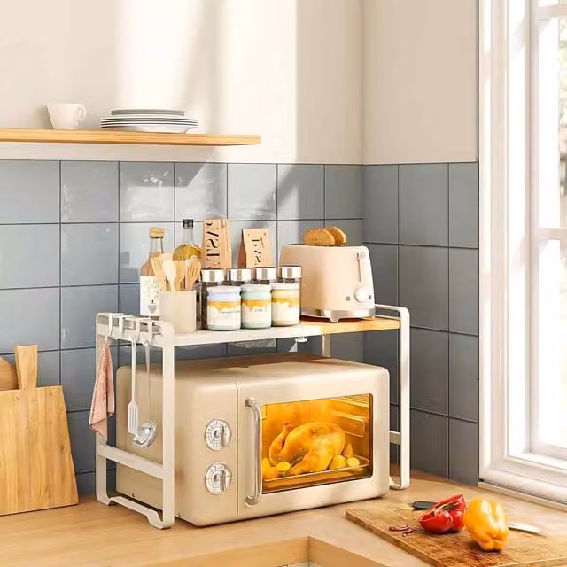 The Bazaarist Expandable Microwave Shelf with 4 Hooks, Cream White and Light Bamboo, W: 42.0 cm, D: 41.5 cm, H: 31.5 cm