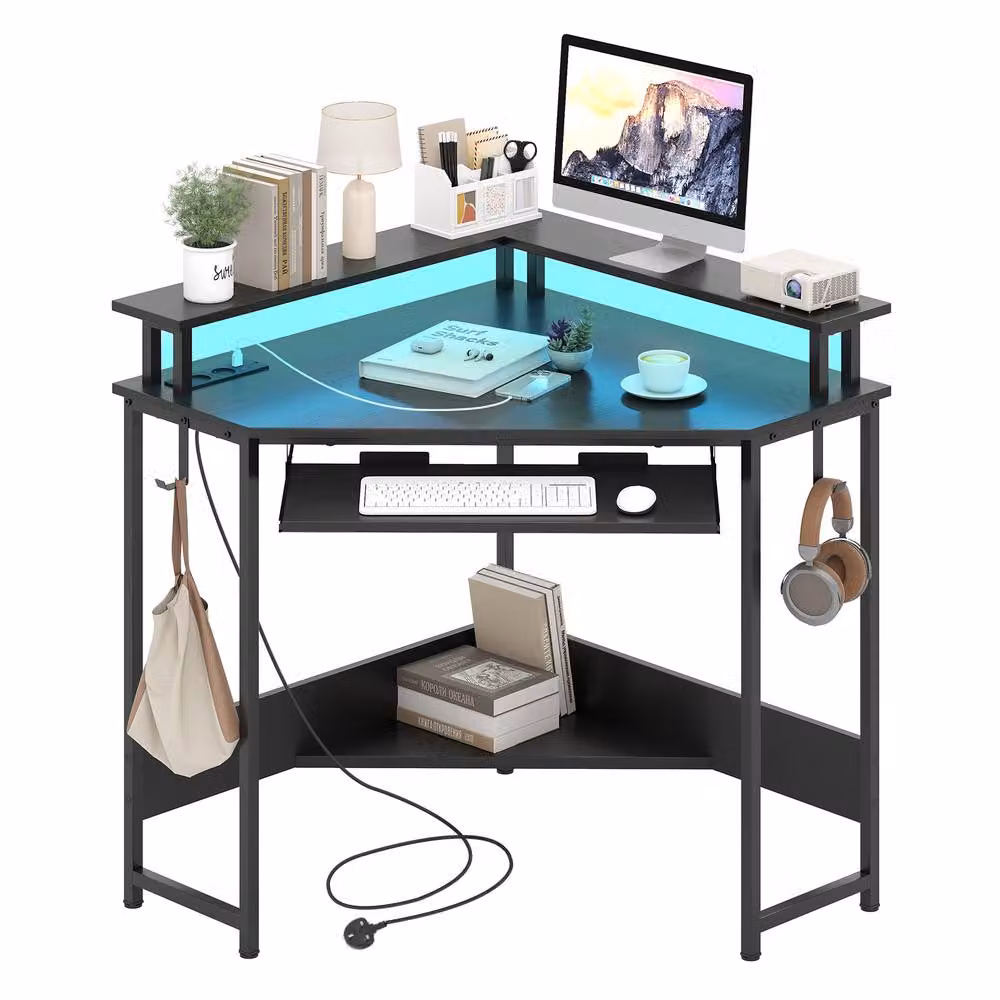 Costway Black Triangle Corner Gaming Desk with Charging Station and LED Lighting – 8