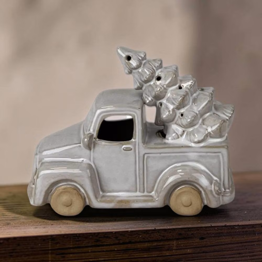 Four Candle Grey Glazed Ceramic LED Christmas Truck Carrying Trees Tabletop Ornament, Height: 16 cm – 2