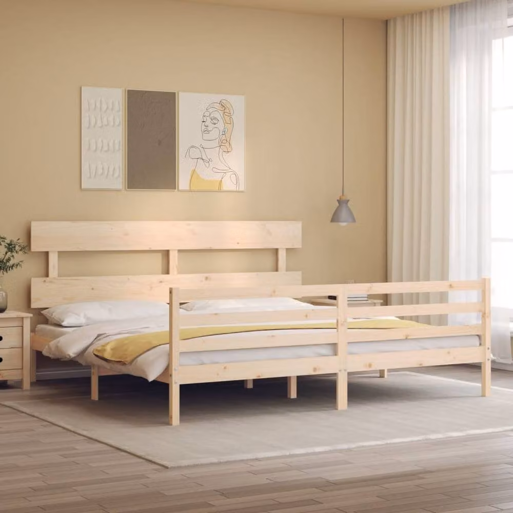 Berkfield Home Solid Wood Bed Frame with Headboard in Natural Pine, W/D/H: 200 x 200 cm – 2