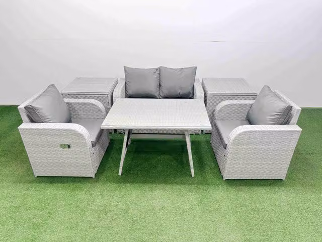 Fimous Modern Light Grey PE Wicker Rattan Garden Furniture Set with Reclining Chair and Sofa