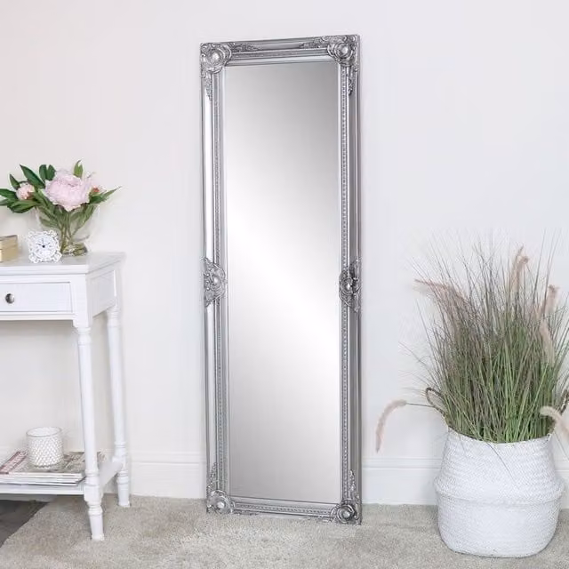Melody Maison Tall Silver Ornate Bevelled Wall Mirror, W: 47 cm, H: 142 cm