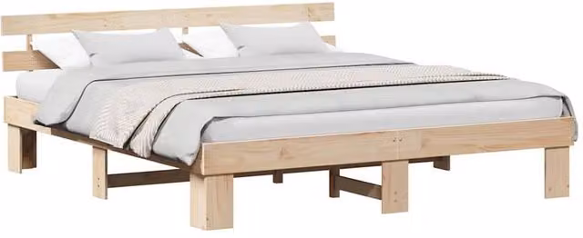 Berkfield Home Modern Solid Wood Pine Bed Frame with Headboard in Beige, W/D/H: 200 x 203 x 73 cm