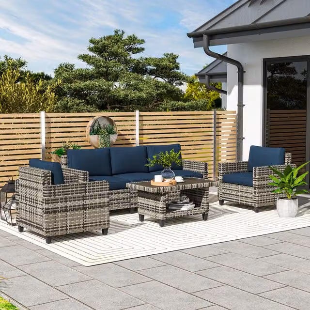 Outsunny 6 Piece Blue Rattan and Metal Garden Furniture Set for Balcony