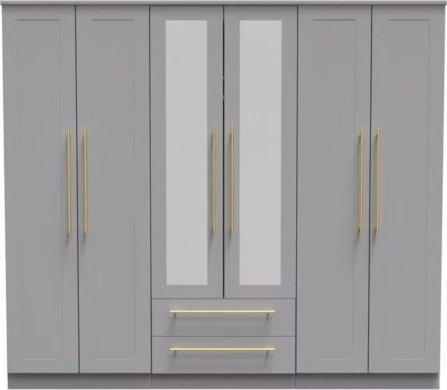 2 U Helmsley Ready Assembled Tall 6 Door 2 Drawer Wardrobe with Mirrors in Dark Grey