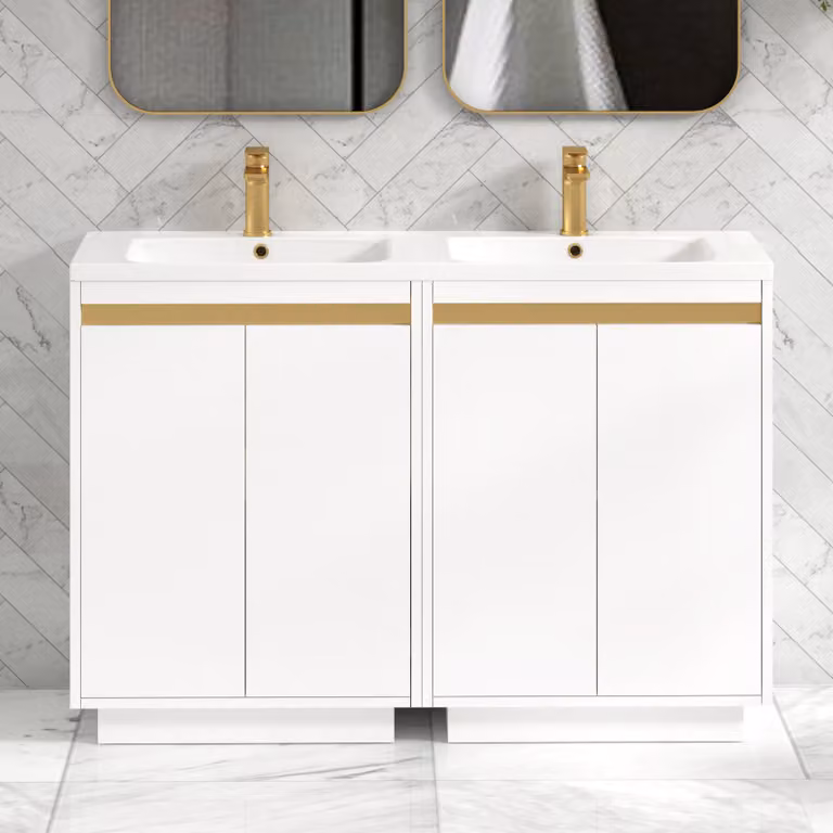 Royal Bathrooms Orion 1200 Matt White 4 Door Floor Standing Vanity Unit with Ceramic Basin and Brushed Brass Accent Trim