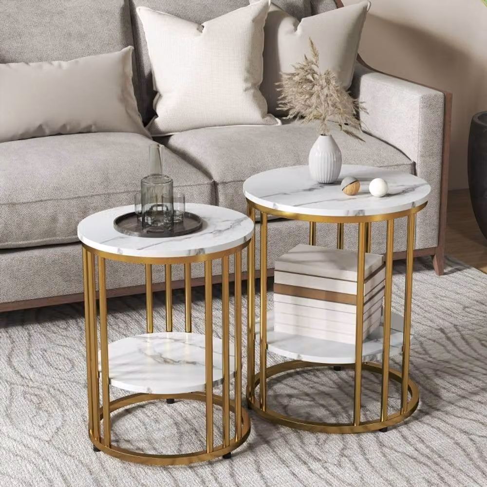 STILVORA 2 Piece Round Coffee Table Set with Marble Tops and Gold Steel Frame – 1
