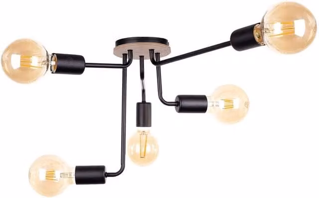 Netlighting Nixon Multi Arm Semi Flush Ceiling Light in Black and Wood, Diameter: 50 cm, 5x E27