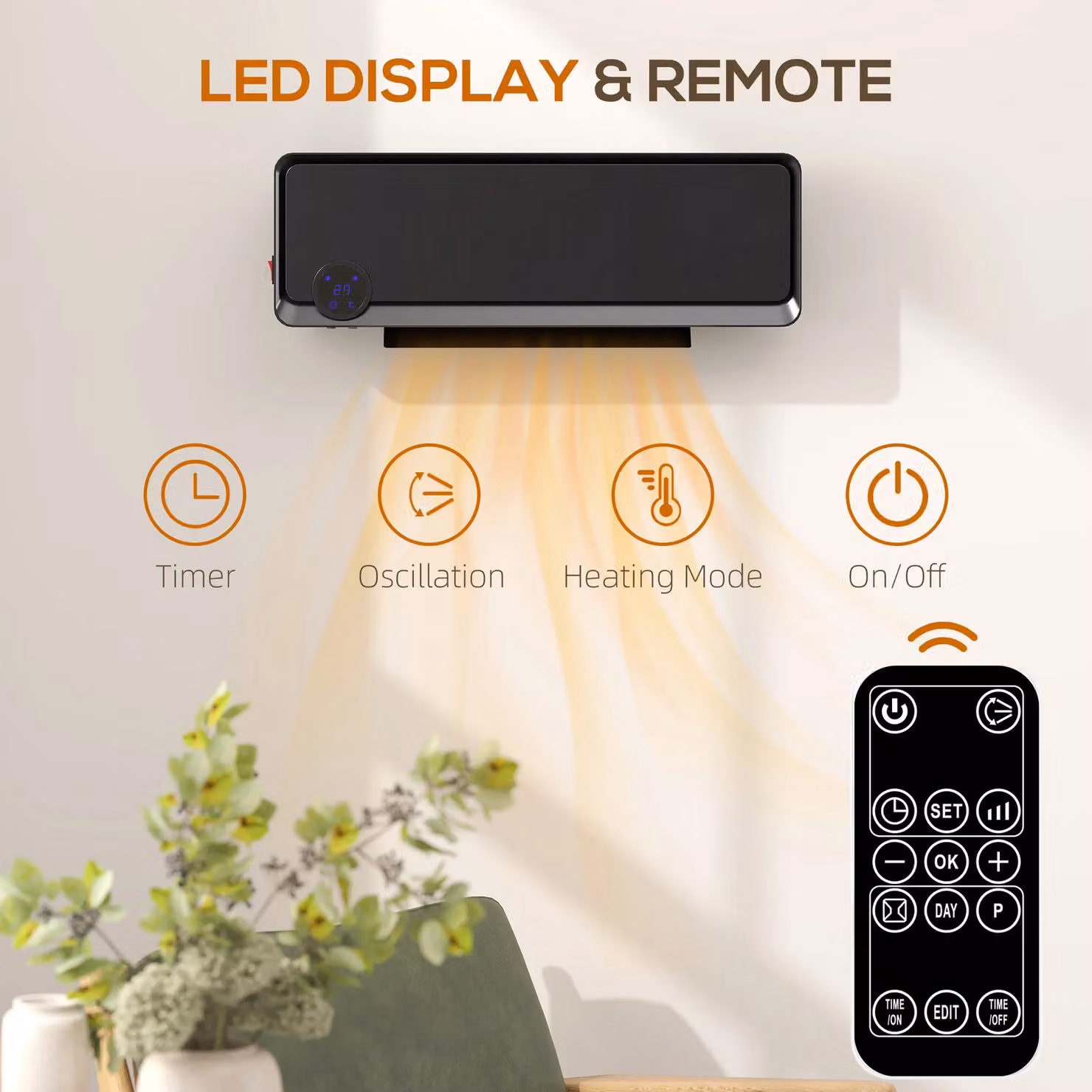 HOMCOM Wall Mounted Downflow Fan Heater with Timer, Thermostat and Remote Control, Black – 5
