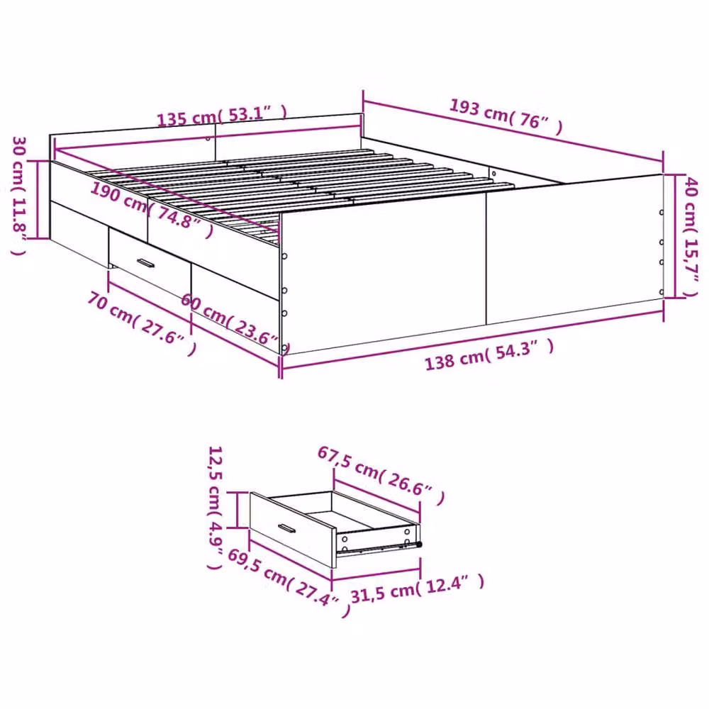 Berkfield Home Sonoma Oak Double Bed Frame with Drawers in Light Tan, W: 135 cm, L: 190 cm – 3