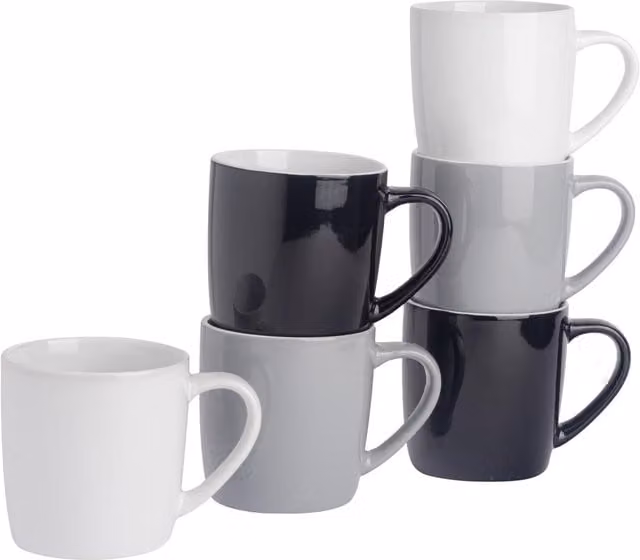 Argon Tableware Set of 6 Three-Tone Stoneware Coffee Mugs, 350ml, White, Black and Grey