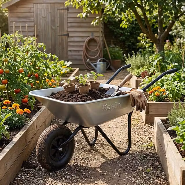 Keplin 65L Garden Wheelbarrow with Pneumatic Tyre, 100kg Load Capacity in Metallic Silver