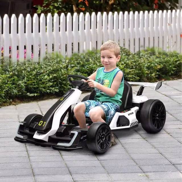 HOMCOM 24V Electric Go Kart for Kids with Adjustable Seat and Light and Sound Effects, White