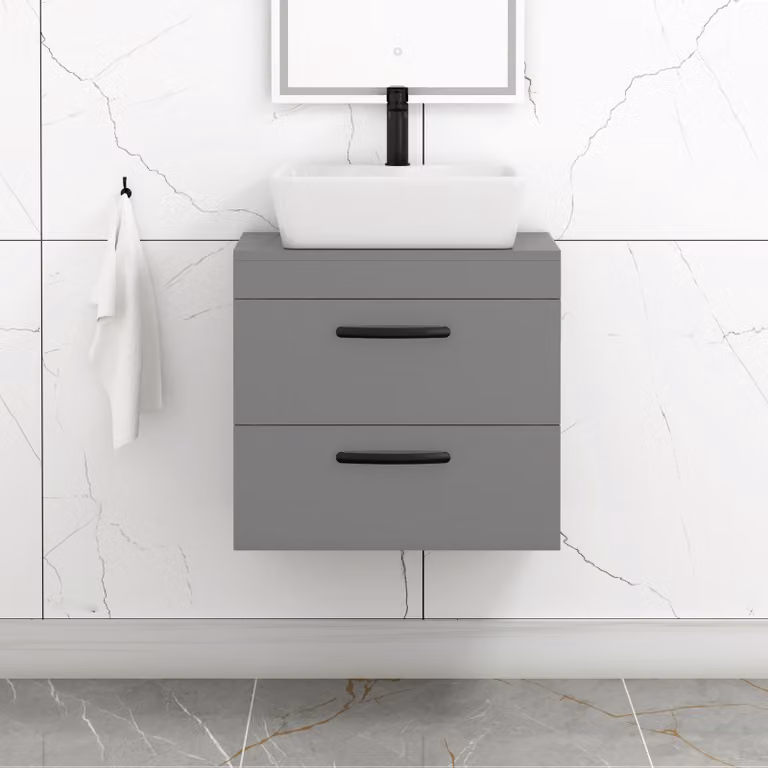 Royal Bathrooms 600mm Wall Hung Vanity Unit with 2 Drawers and Cube Countertop Basin in Indigo Grey Gloss with Matt Black Handles