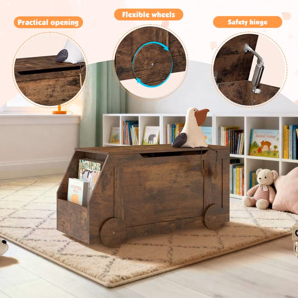 KEEPREAPER Wooden Toy Storage Box with Soft Close Lid and Castors in Brown – 6