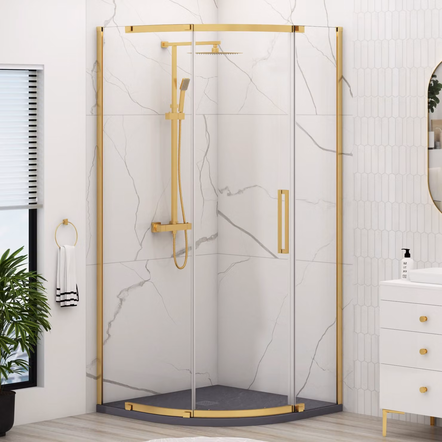 Royal Bathrooms Chelsea Single Door Quadrant Shower Enclosure with Grey Stone Tray and Brushed Brass Finish, W: 80 cm, H: 195 cm