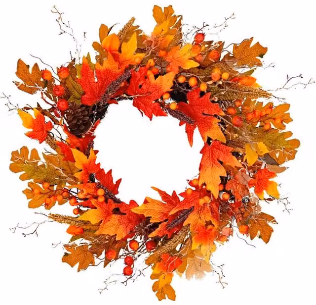BOSK Autumn Maple Round Wreath with Warm White LED Microbulbs in Orange, Gold and Red, Diameter: 66.04 cm – 1