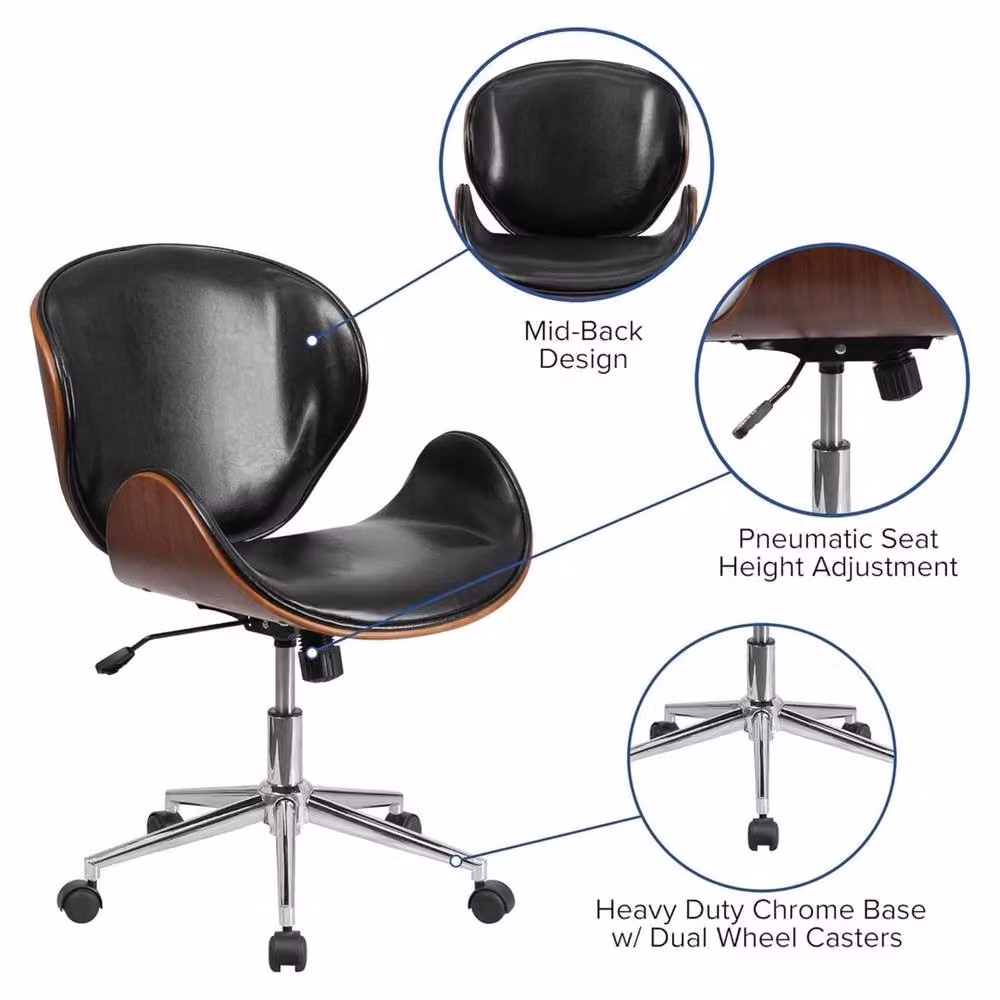 Havendro Black Leather Mid-Century Executive Office Chair with Walnut Wood and Metal Frame – 3