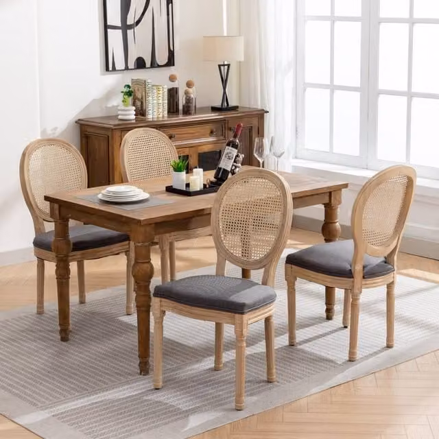 HomeTouch Set of 4 French Style Rattan Back Dining Chairs in Grey with Linen Fabric