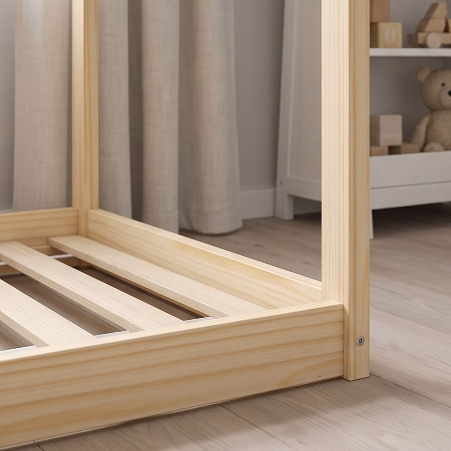 HOMCOM Scandinavian House Style Single Bed Frame in Natural Wood Pine Finish, W/D/H: 90 x 190 cm – 3