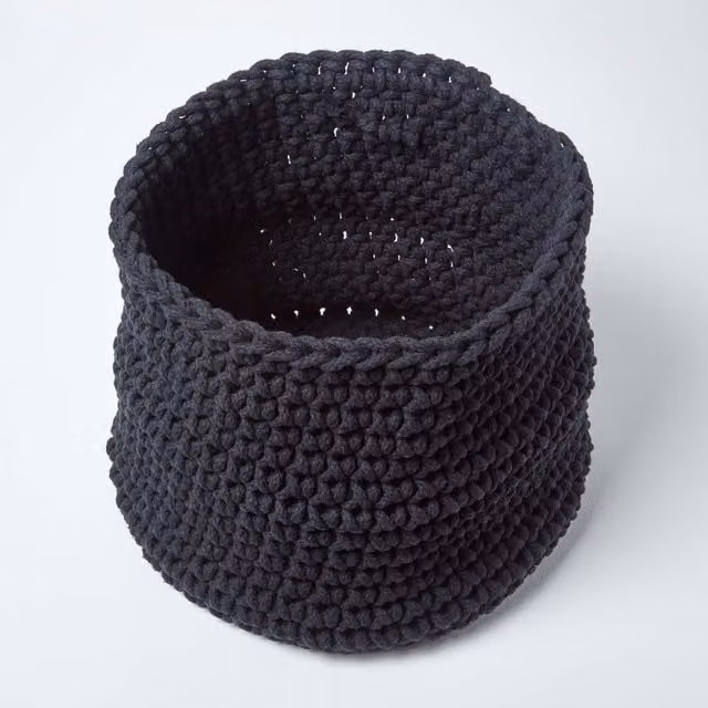 Homescapes Black Cotton Knitted Round Open Weave Storage Basket 65l