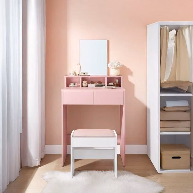 VASAGLE Modern Dressing Table with Mirror and 2 Drawers, Pink and White, W/D/H: 127 x 40 x 40 cm