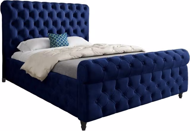 KDMD Nestling Sleigh Upholstered Soft Velvet Designer Bed Frame in Blue, Small Single – 1