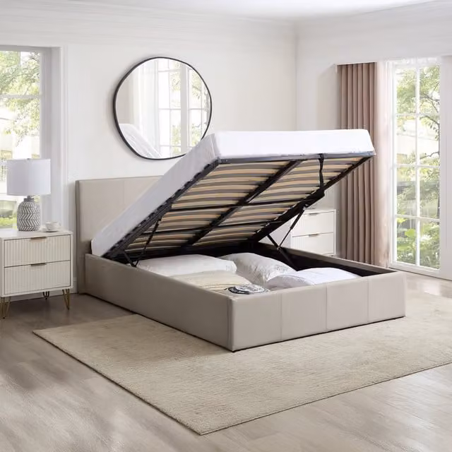 Direct Furniture Suppliers LUNA Small Double Ottoman Storage Bedframe in Beige Faux Leather, H: 88.5 cm x W: 138 cm x L: 203 cm – 1
