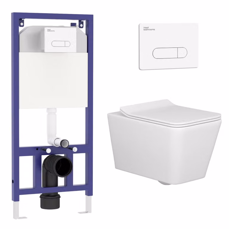 Royal Bathrooms Elena White Ceramic Wall Hung Rimless Toilet with Slim Soft Close Seat and Aqua Wall Hung Frame
