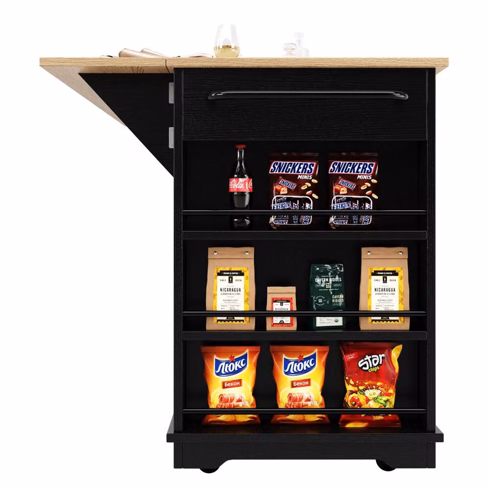 BTM Kitchen Island with Removable Partitions and Glass Cabinet in Black, W/D/H: 120 x 60 x 91.7 cm – 4