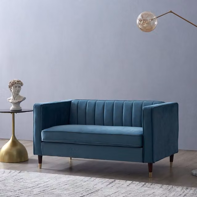 Thom 2 Seater Blue Velvet Sofa with Mid-Century Metal Tipped Legs