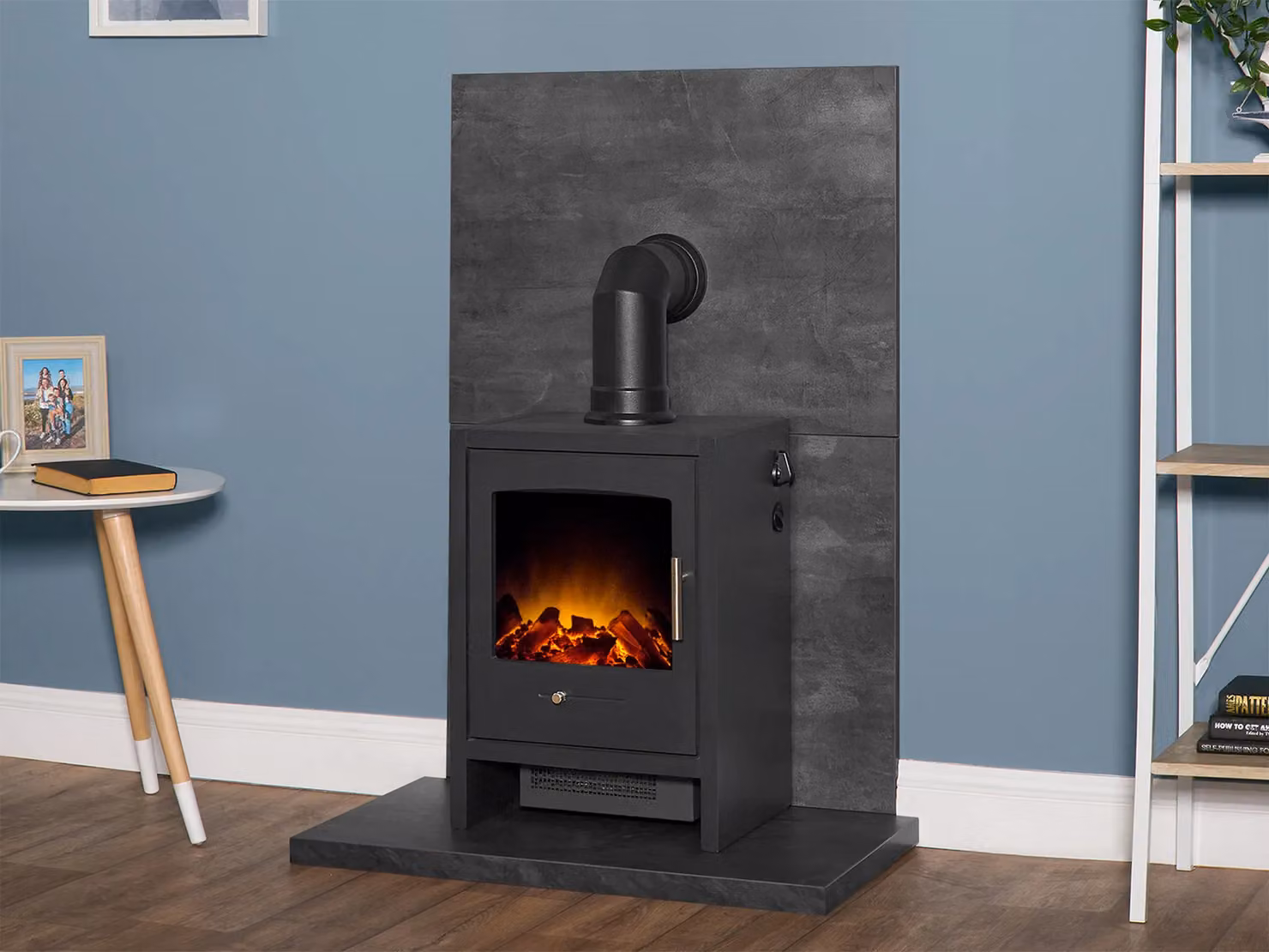 Acantha Fires & Fireplaces Bergen Electric Stove and Angled Pipe Set with Slate Venetian Plaster Effect Tile and Hearth in Grey – 2