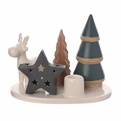 Widdop and Co White Ceramic Woodland Candle Tray with Star and Rustic Oval Design