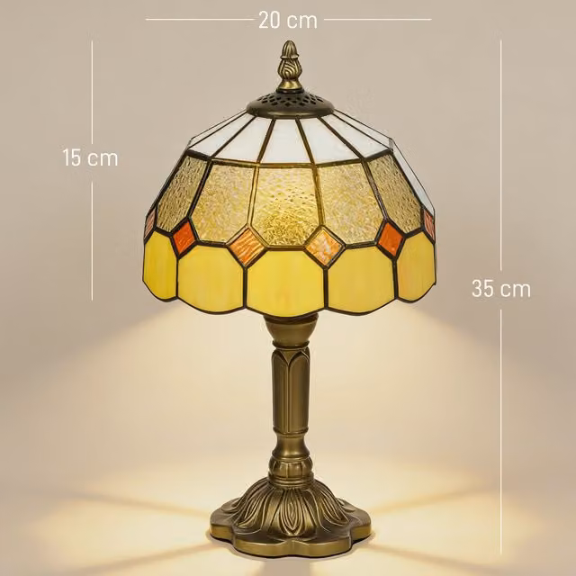HOMCOM Art Deco Handmade Stained Glass Table Lamp in Orange, White and Green with Bronze Metal Base