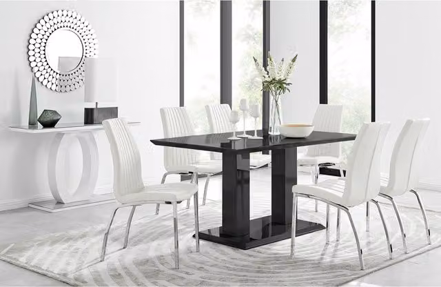FurnitureboxUK Imperia 6 Black Rectangular Dining Table and 6 White Isco Faux Leather Chairs