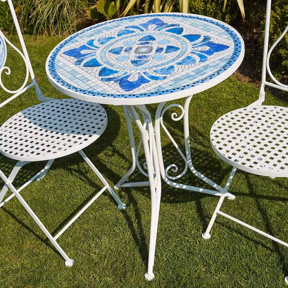 Home Source Mediterranean Blue and White Geometric Mosaic Bistro Set with Metal Table and Chairs – 6