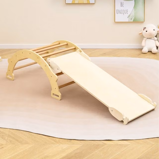 Costway 2-in-1 Natural Wood Arch Rocker and Climbing Arch in Brown and Beige