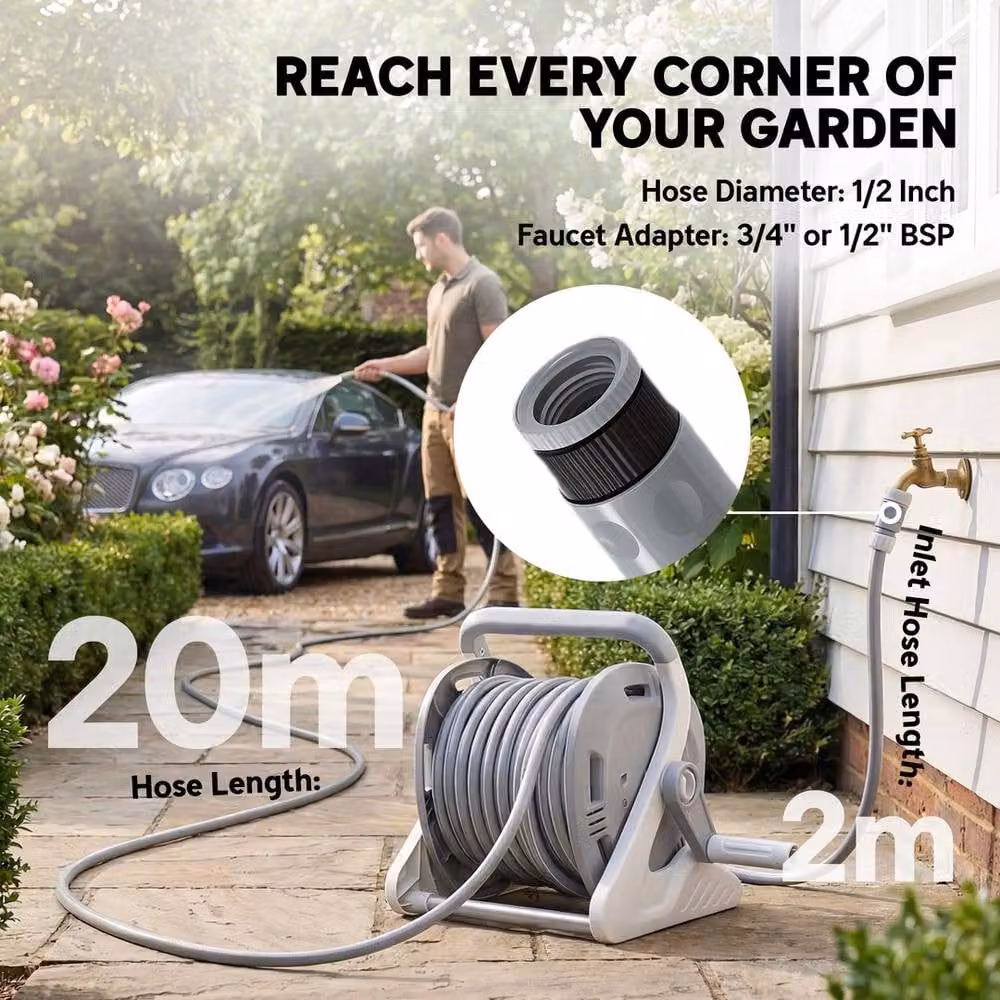 KORVIXA Grey Wall-Mounted Metal Portable Garden Hose Reel with 2-Pattern Spray Nozzle – 3