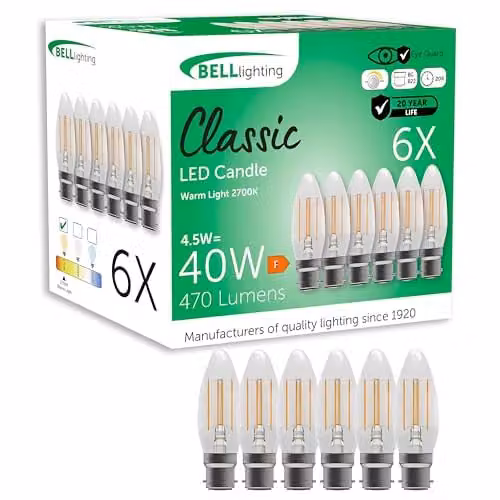BELL Lighting B22 Dimmable LED Filament Candle Bulbs, Warm White, 4.5W, Pack of 6 – 1