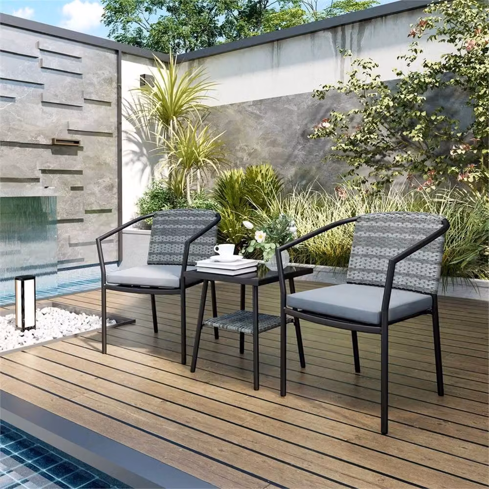 Nordara 3 Piece Rattan Bistro Set with Glass Top Table and Grey Cushions, W: 100 cm, D: 60 cm, H: 60 cm – 6