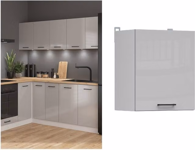Impact Furniture Junona Modern Kitchen Wall Unit with Hinged Doors, Light Grey Gloss and White Matt, W/D/H: 50.0 x 30.5 x 57.0 cm