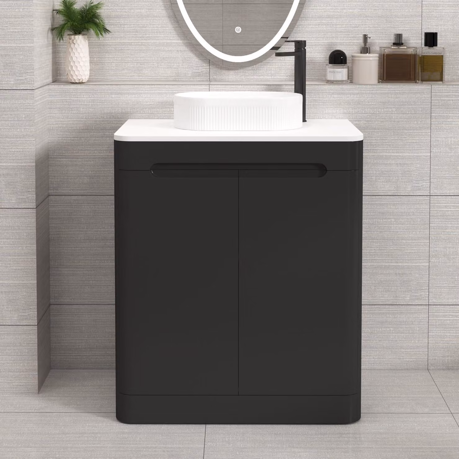 Royal Bathrooms Venice 700mm Floor Standing 2 Door Vanity Unit in Matt Nocturne Black with Plain White Worktop and Lyon Basin