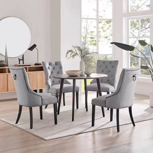 FurnitureboxUK Koko Walnut Effect Round Dining Table and 4 Belgravia Black Leg Chairs in Grey