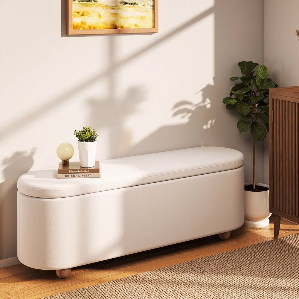 Gymax Oval Storage Bench Ottoman with Flip Top and Rubberwood Legs in White – 7