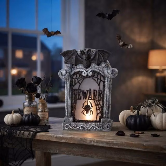 Garden Greatness Illuminated Beware Light Up Fireplace Ornament, Grey and Multicolour, Tabletop Plastic Halloween Decoration