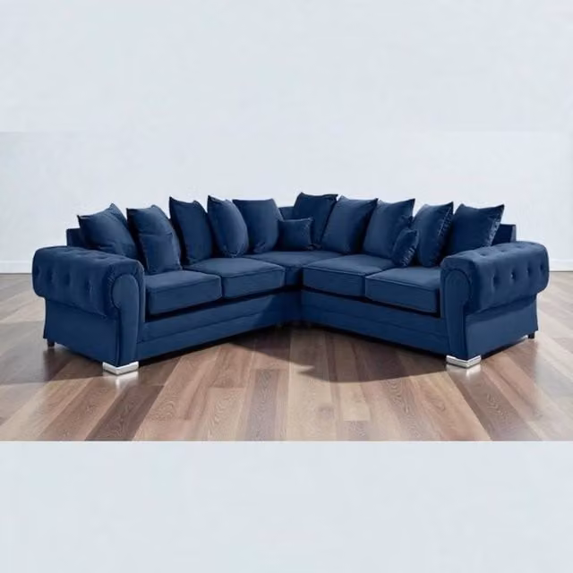Snug Furniture Birmingham Ltd Verona Blue Plush Velvet Right Facing 2+2 Corner Sofa with Scatter Cushions